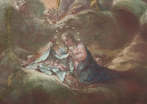 Maria mit Kind. Maria ist mit Sternenkranz dargestellt, der auf eine Stelle in der Apokalypse zurückgeht - Deckengemälde im Barocksaal der Stiftsbibliothek St. Gallen